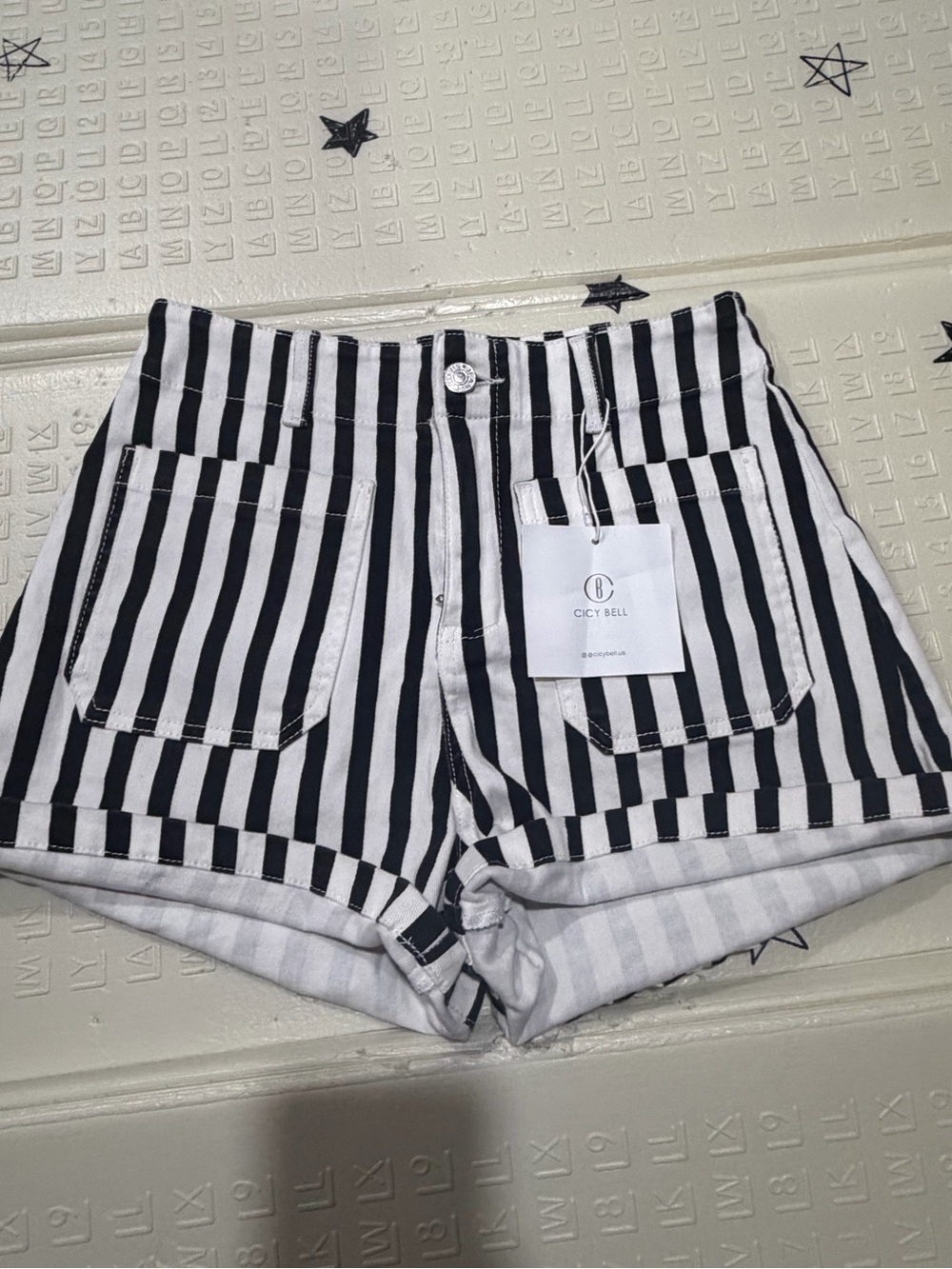 Cicy Bell Black & White Vertical Stripe Denim Shorts